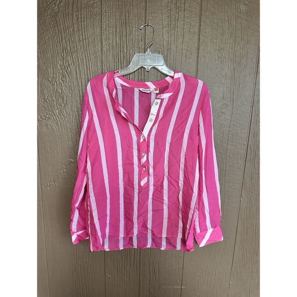 Perisfor Hot Pink Striped Lightweight Sheer Blouse Button Up Size M Casual - Picture 1 of 6